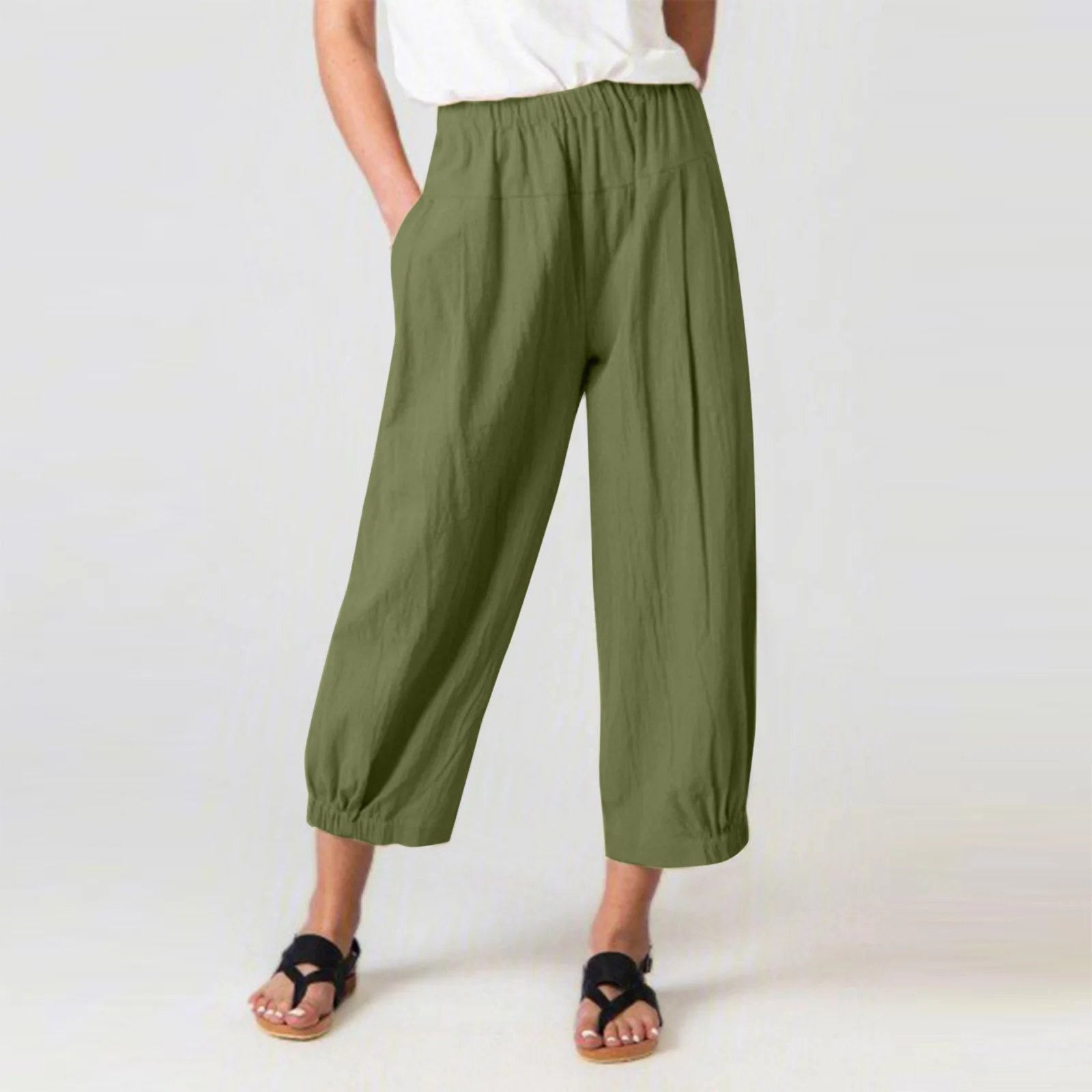 

Women Solid Cotton Linen Ninth Pants 2023 Summer Vintage Loose Haren Pants Streetwear Casual Elastic Waist Wide Leg Trousers