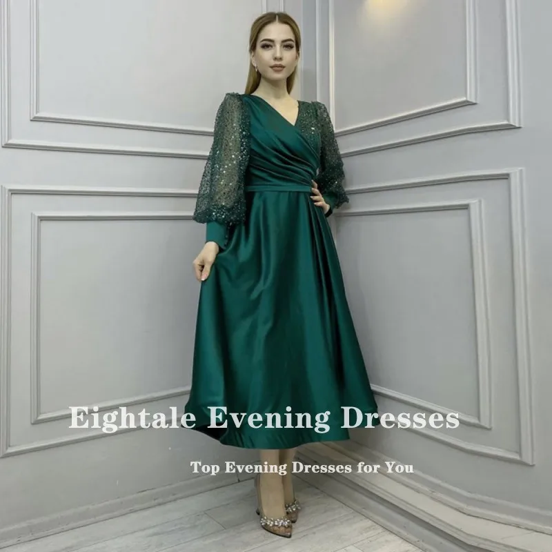 Eightale Emerald Green Prom Dresses V-Neck Glitter Long Sleeves Satin A-Line Customized Short Evening Party Gown Robe De Soiree