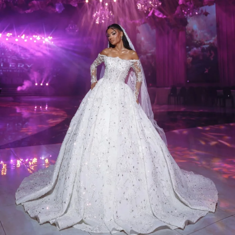 Luxury Shiny White Appliques Wedding Dresses Beadwork Crystal Gem Decal Long Tail A-line Skirt Made Wedding Dress Bridal