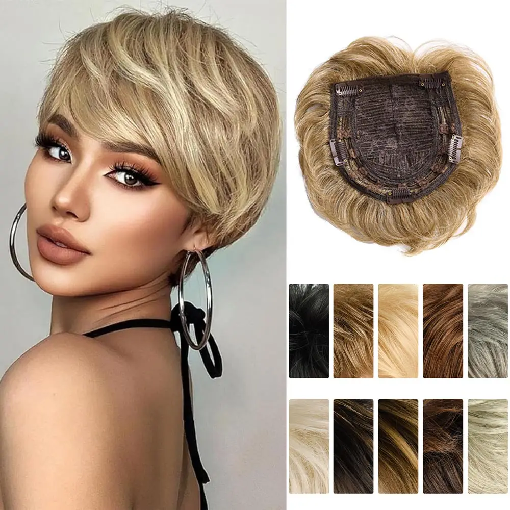 Synthetic Hair Topper Pieces for Thinning Hair Natural Curly 6 Inch Short Pixie Cut 5 Clips in Toppers Hair Wigs for Women