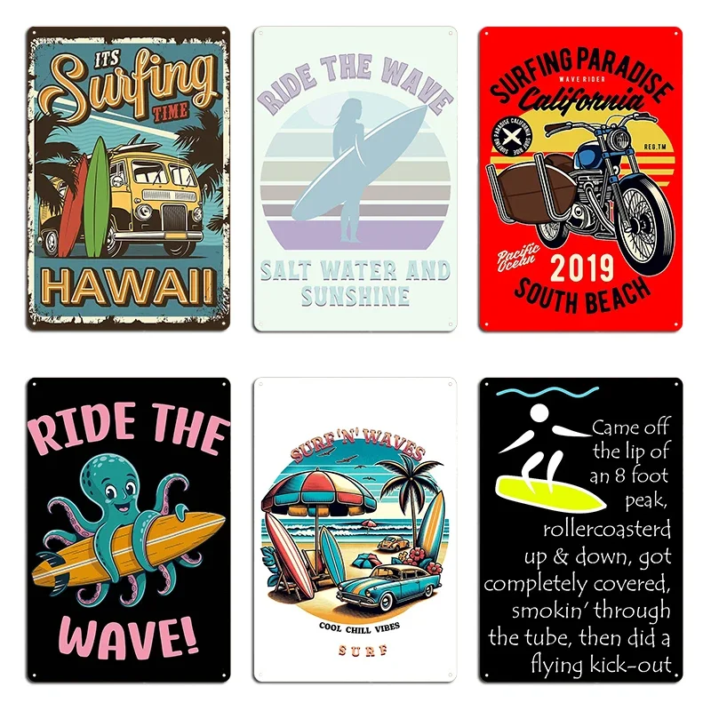 It's surfing Time Hawaii Vintage Ride The Wave Surfboard Ride Metal Wall Mural Plaques Customized Pub Decoration Tin Sign Poster
