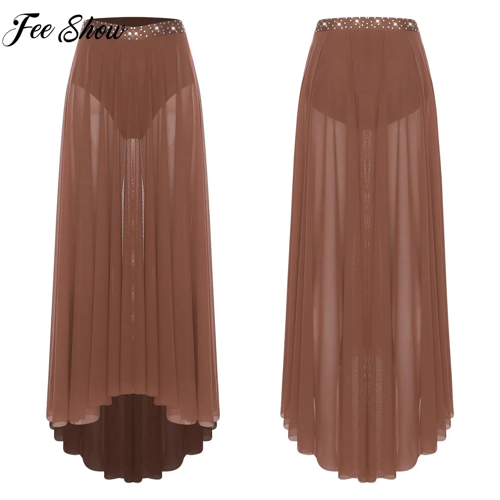 Stylish Womens Modern Lyrical Dance Performance Costume Rhinestone High-Low Mesh Hem Big Swing Long Skirt Ice Skating Dancewear