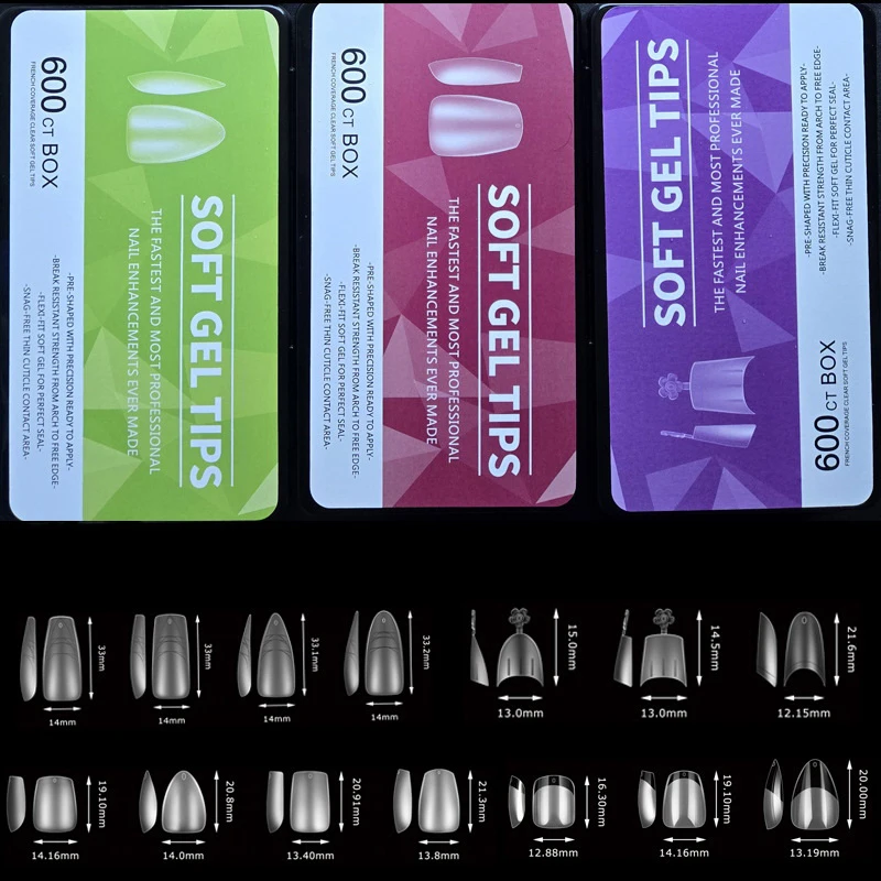 600PCS/Box Soft Gel Nail Tips Supplies,Full Cover False Nail Tips For Acrylic Nails Gel,Almond Nail Tip