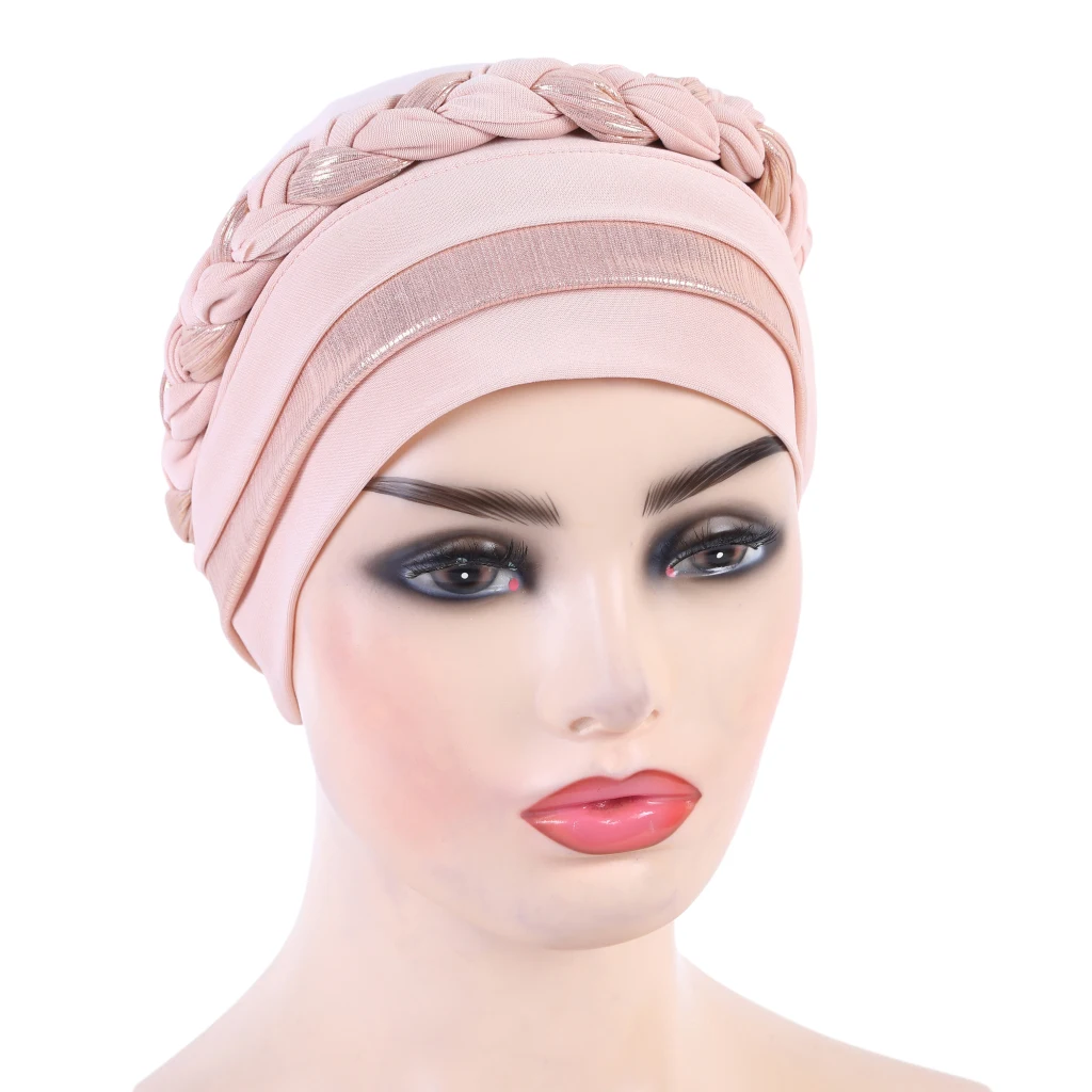 Full Cover Muslim Turban Hijab With Braid Pull On Islamic Scarf Headwrap Inner Hats Bonnet Headcover