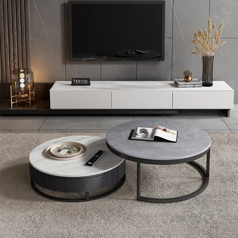 Hidden Storage Creative Round Wooden Coffee Table, 360° Rotating Surface Modern Center Tea Table Set for Home Living Space