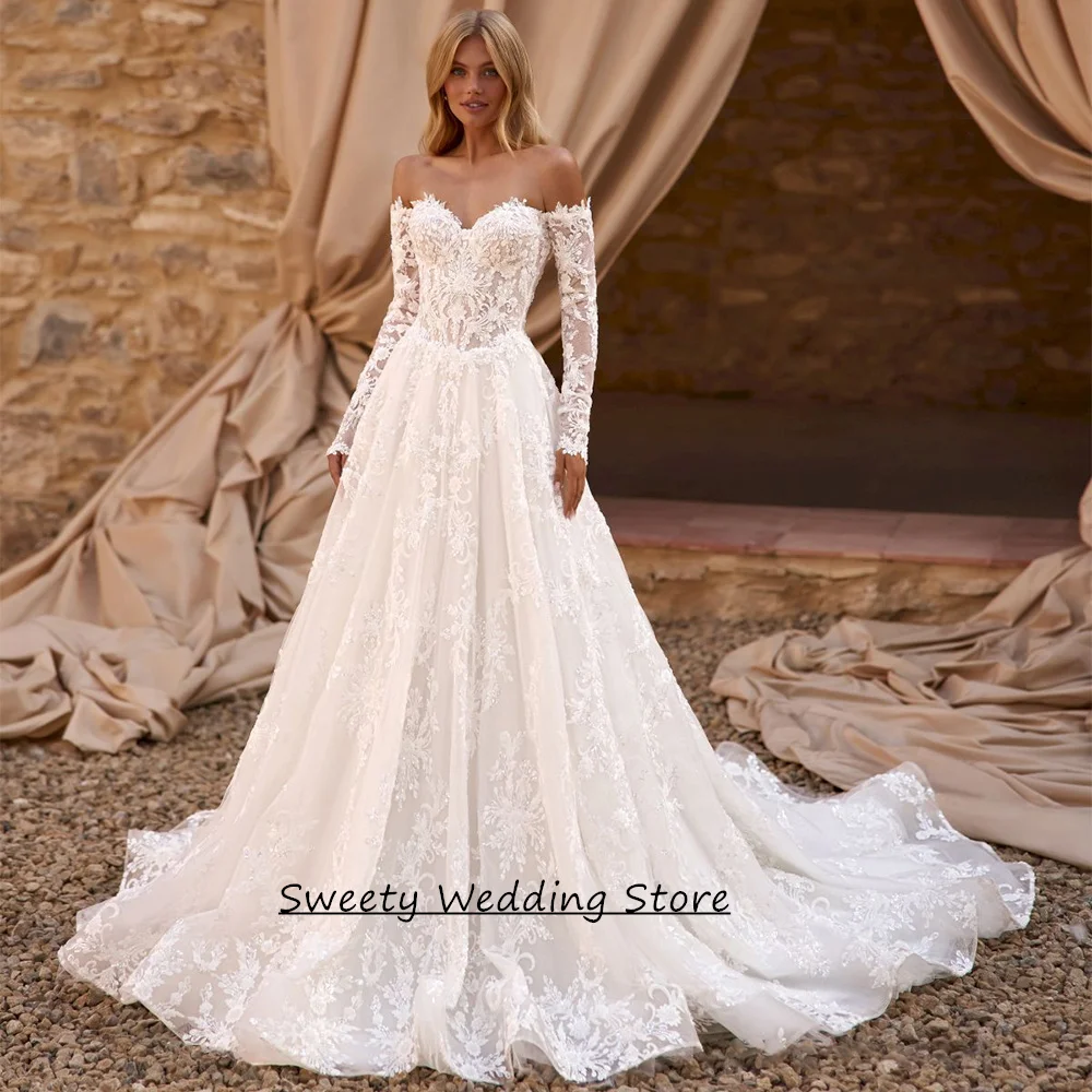 

Exquisite Wedding Dress Customized Sweetheart Long Sleeves Beading Lace Applique Court Train Bridal Gown Vestido De Noiva