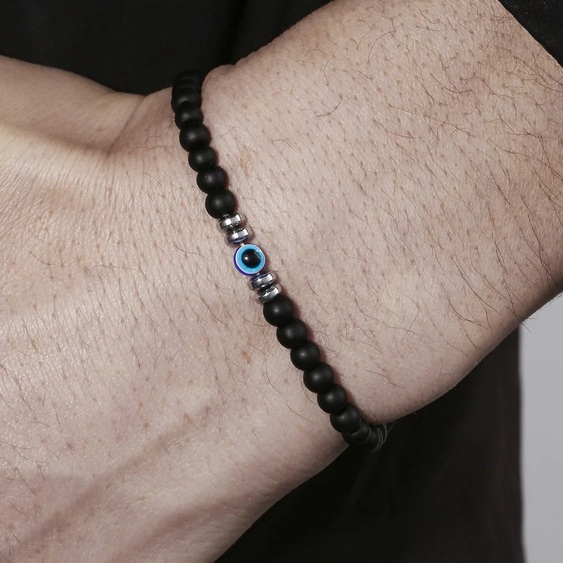 New 4mm Natural Stone Beads Bracelet for Men Women Lucky Evil Eye Smooth Round Beaded Wristband Bangles Couple Jewelry Gifts