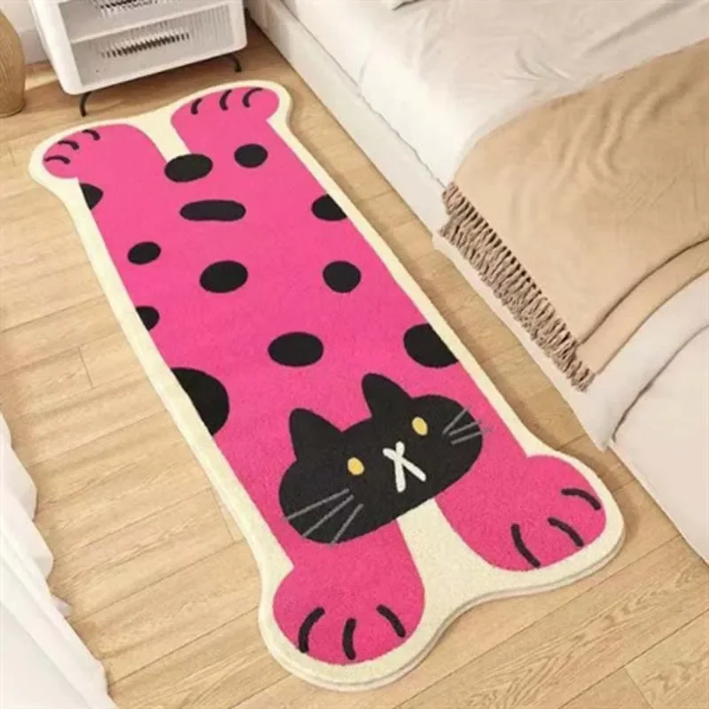 Cute Cat Faux Cashmere Bedside Carpet Cartoon Soft Anti-Slip Foot Rug for Bedroom Water Absorbing Wear-Resistant Home Floor Mat