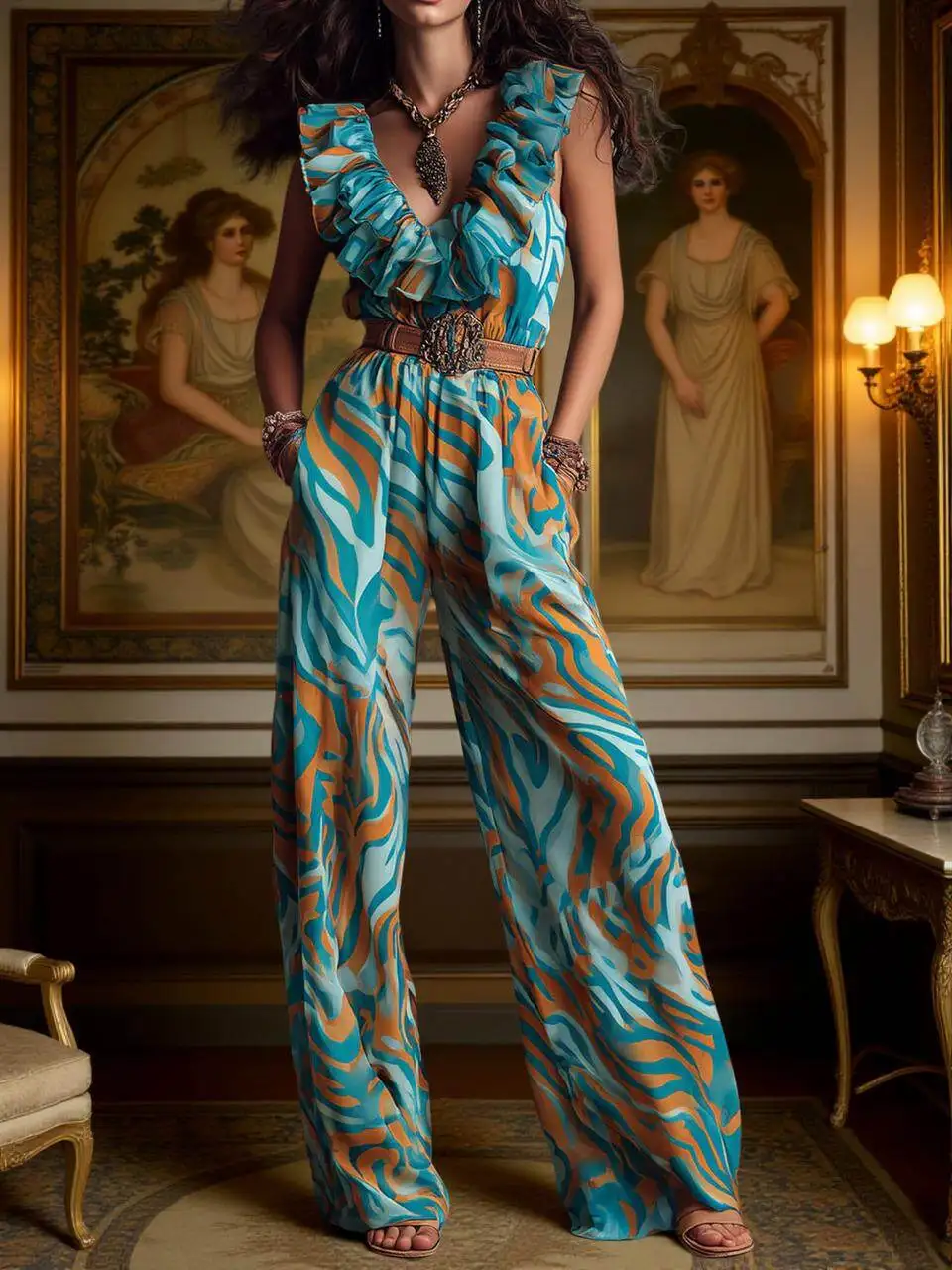 Womens Wide Leg Jumpsuit Teal Orange Marble Print Sleeveless Ruffle Trim V Neck Overall Bohemian Flowy Pantsuit For Vacation Daily Wear