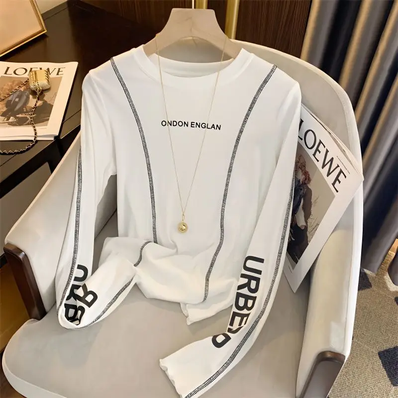 Autumn Winter Thin Pullovers Long Sleeve O-neck Solid Color Printing Letter Undercoat Casual Fashion Slim Women Clothing 2023