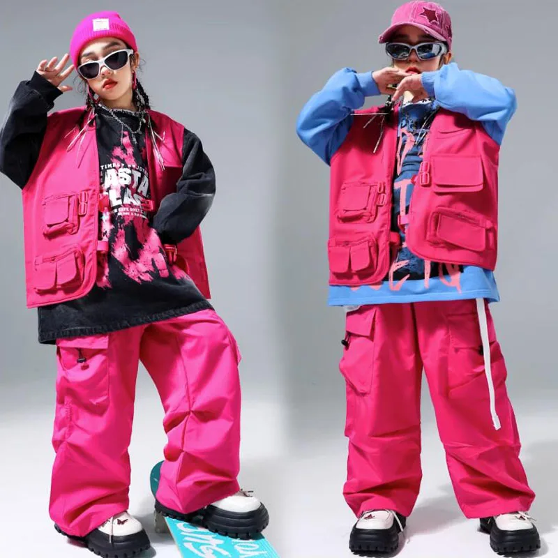 Hiphop Meisjes Roze Jas Vest Cargo Broek Jongens Streetdance Oversized Pullover Kids Met Streetwear Kinderjazz Kleding Set