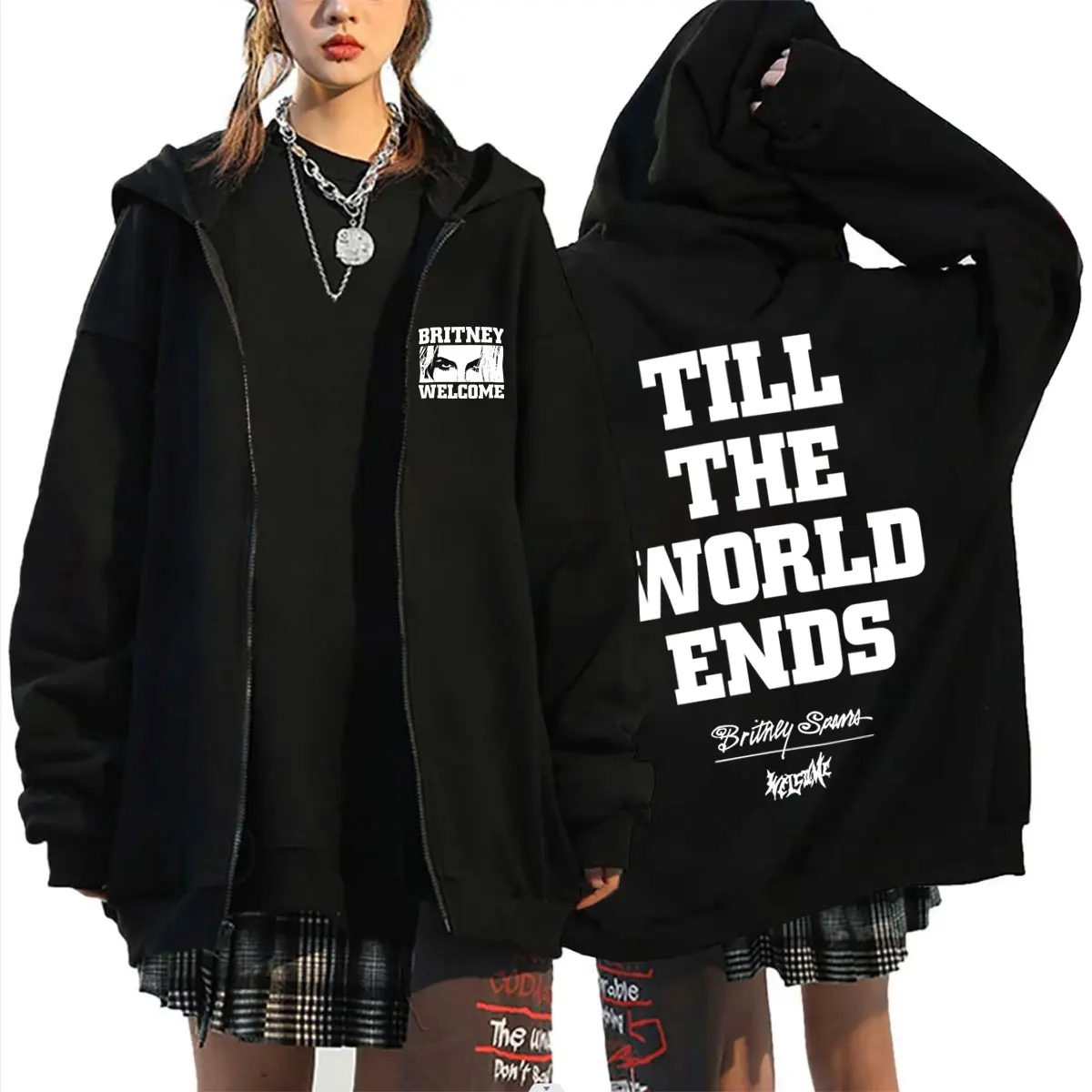 Britney Spears WELCOME Till The World Ends Graphic Zipper Hoodie Men Women Oversized Zip Up Jacket Male Fashion Vintage Hoodies