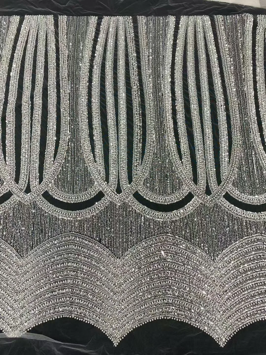 Newest Heavy Handmade Embroidered Floral Beaded African Fabric Sequins Beads Mesh Tulle For Luxury Ball Gown Dress Lace Fabric
