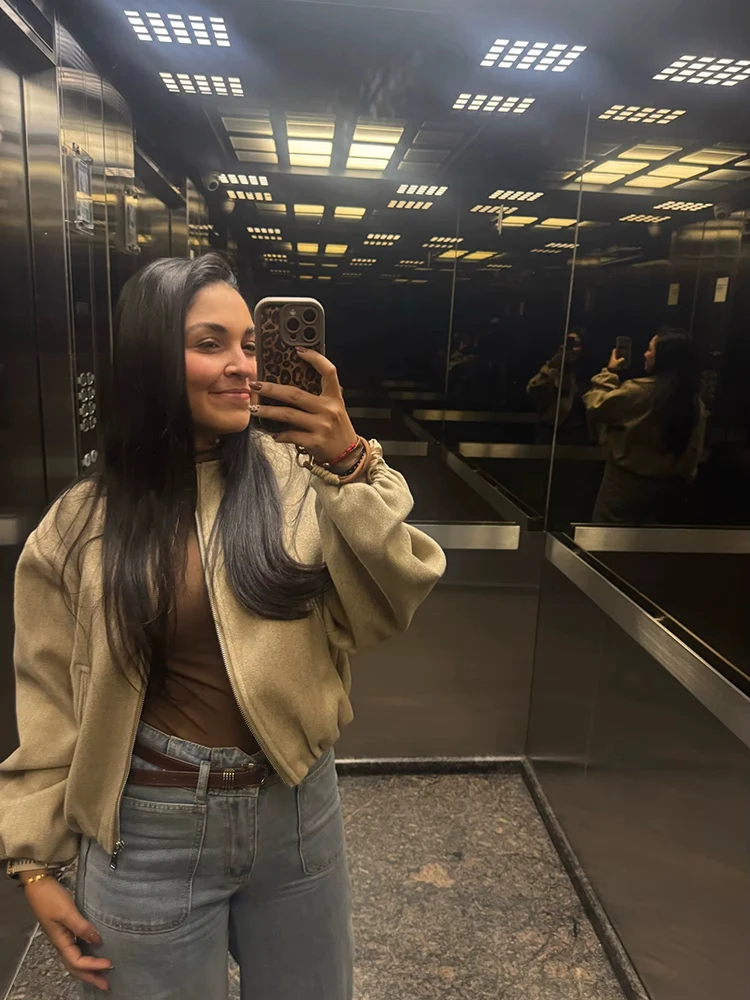 السيدات الشابات أزياء قصيرة فضفاض قنبلة سترة سستة طويلة الأكمام سترة رياضية في فصل الشتاء #2