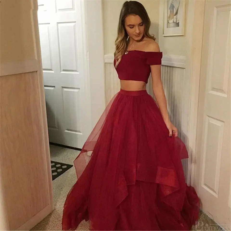 Gaun Prom Pesta Tulle Ruffles A-Line Dua Potong Merah Seksi Burgundy Elegan 2023 Gaun Malam Formal Wanita Panjang Tanpa Bahu