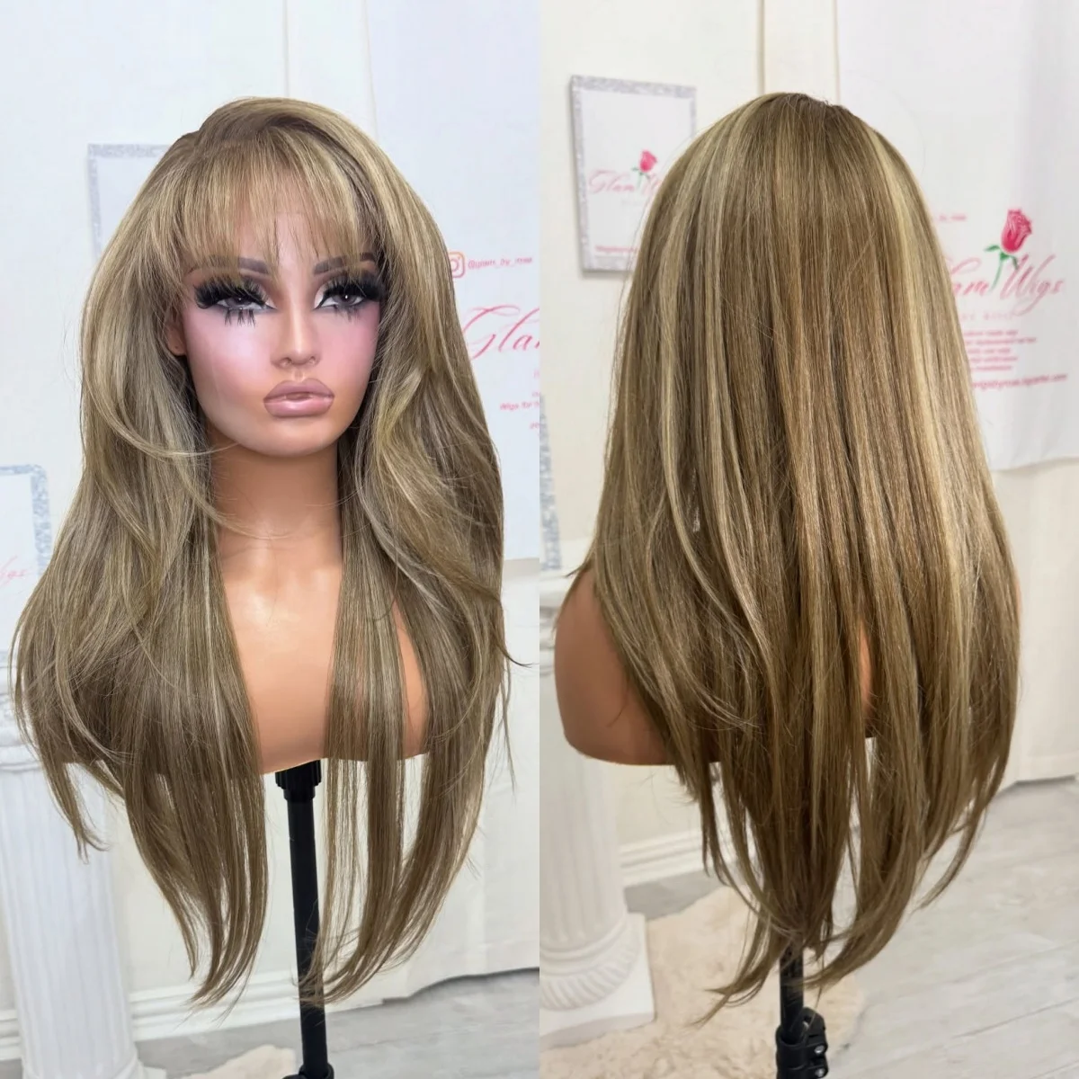 

Natural Straight Wigs With Curtain Bangs Chestnut Brown Glueless Wigs Synthetic Hair Blonde Streaks 180% High Density Wigs Daily