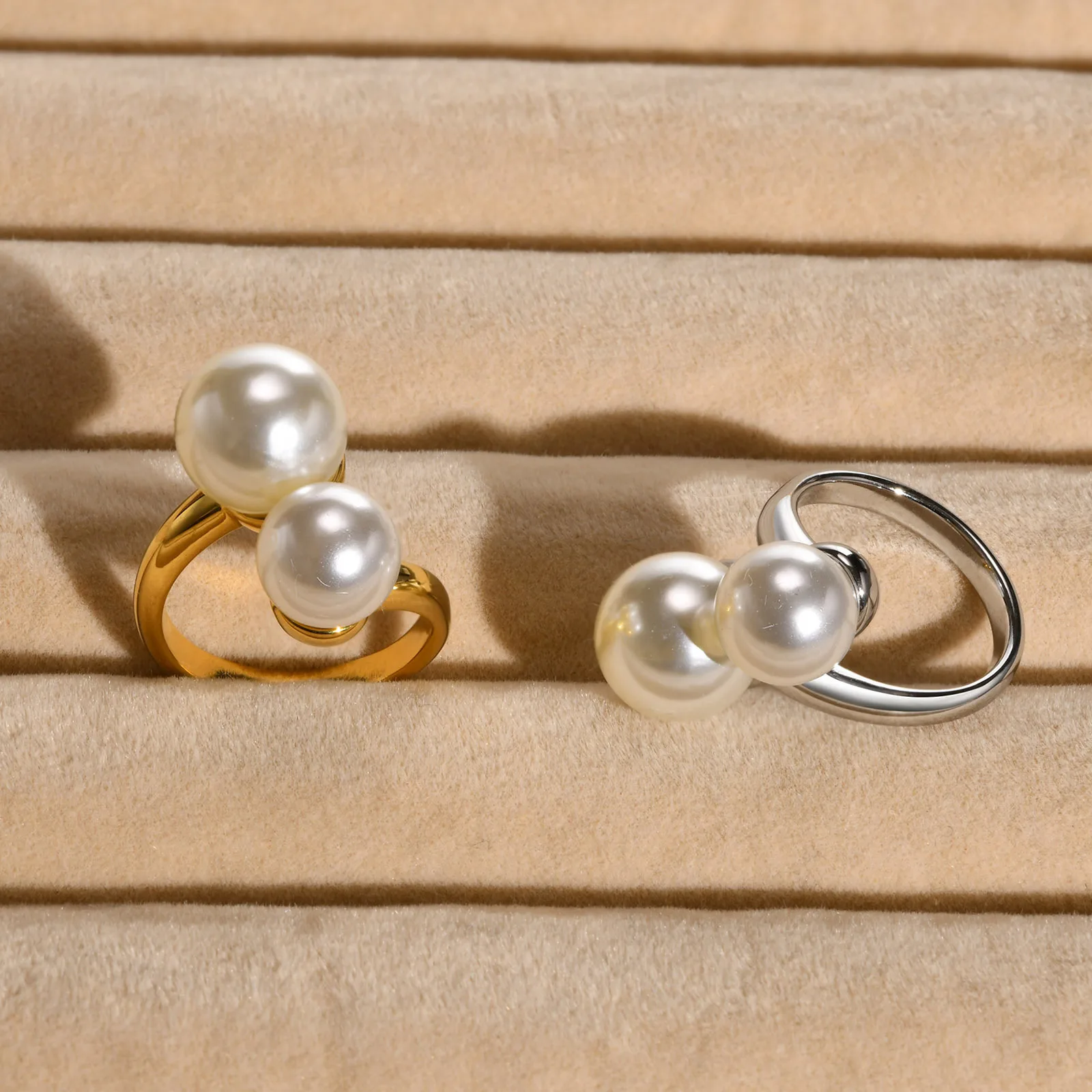 Chic Gold Color Simulated Pearl Ring, Dainty Opening Adjustable Size Stainless Steel Finger Band Rings