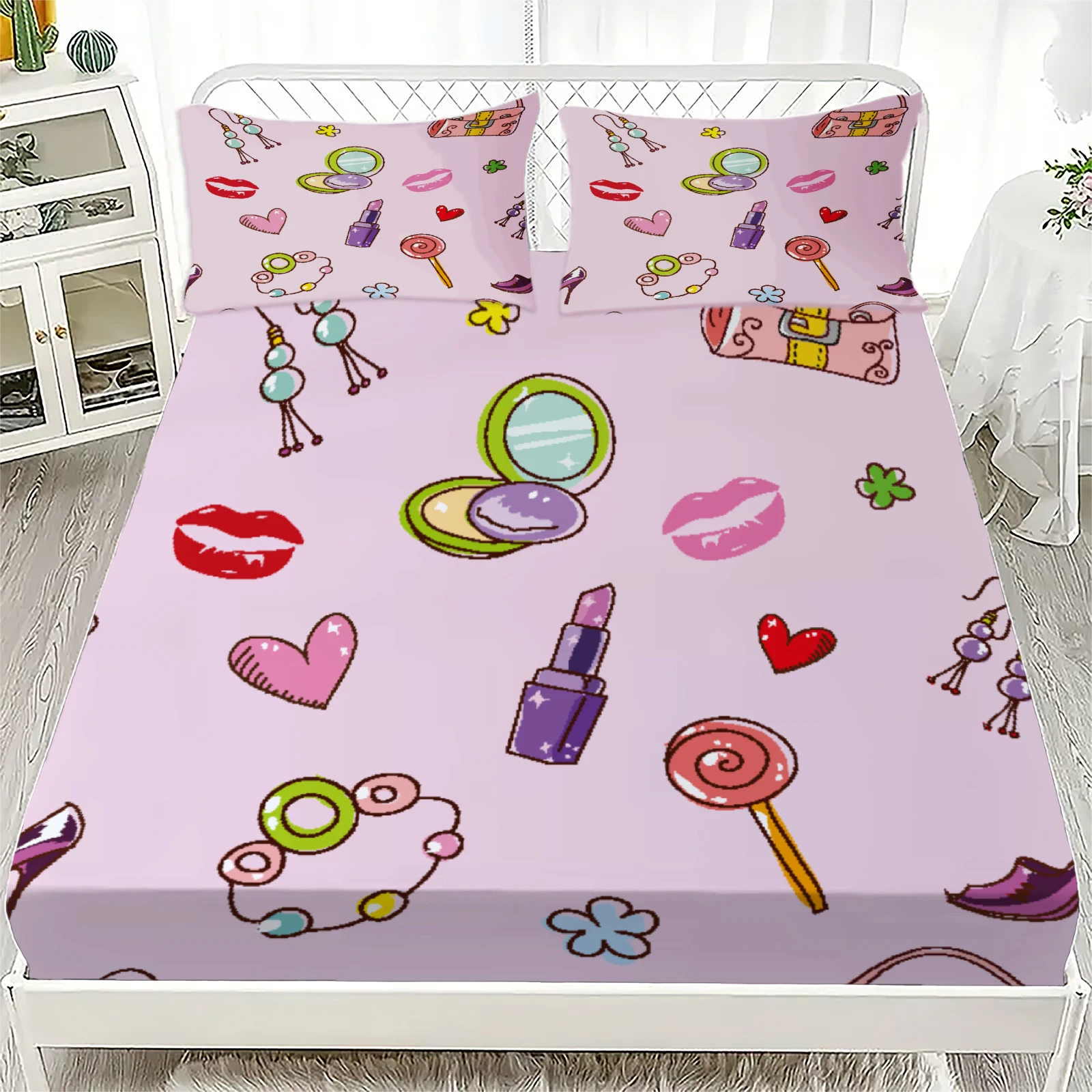 3pcs Pink Fitted Sheet Set For Girls Bedroom Decor Lips Hearts Makeup Lollipops Jewelry Printed Flat Sheet With 2Pillowcases