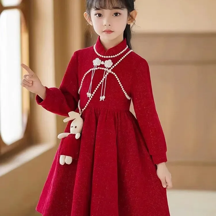 

Girls Solid Color Simple Casual Dress Winter 2024 New Girl Foreign Spring and Autumn Fashion Trend Princess Dress