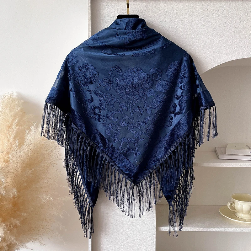 2025 New Spring and Summer Brand 110X110cm Retro National Style Velvet Jacquard Fringe Square Scarf Fashion Sunscreen Lady Shawl