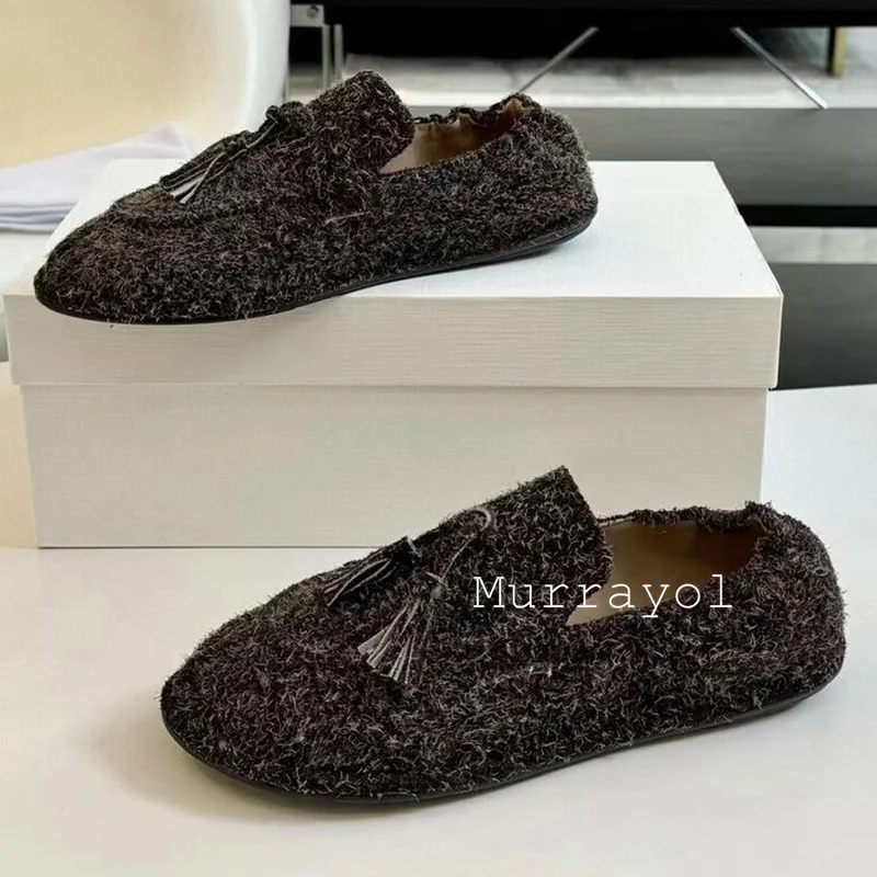 Nuovi mocassini piatti con punta tonda con decorazione nappa Scarpe singole in vera pelle tinta unita da donna Scarpe da ufficio versatili primavera autunno