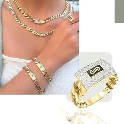 Monaco chain Cuban chain new necklace bracelet ring three-piece set copper material inlaid zircon support wholesale