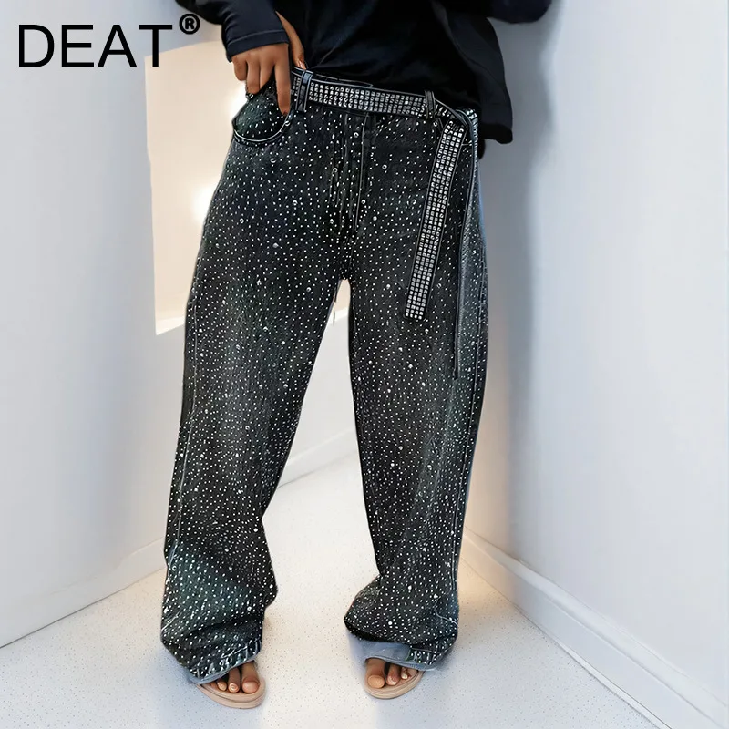 DEAT Vintage Fashion Women's Full Diamond Jeans High Waist With Belt Straight Wide Leg Denim Pant Female 2024 Autumn New 33A2171