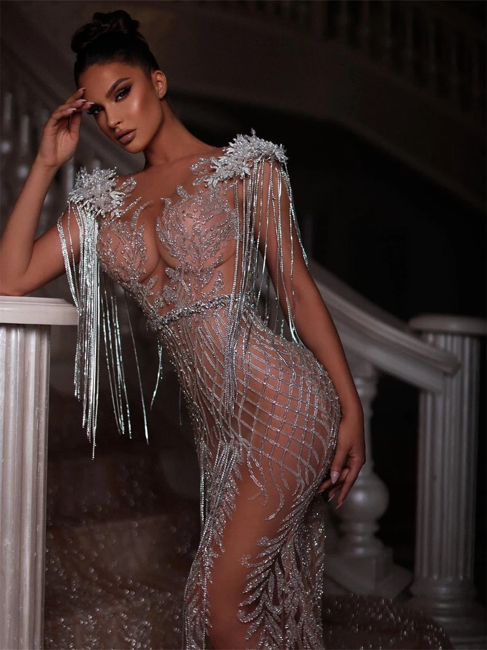 Luxury Beaded Mermaid Prom Dress Sexy Illusion Tassel Evening Gown Long Royal Train Cocktail Party Dresses Robes De Soirée