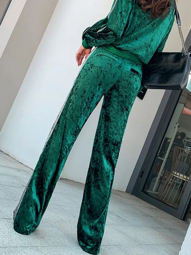 Outdoor Lady Slim Fit Zipper Two Piece Running Set Side Striped Stand Collar Top Wide Leg Pants Jogging Tracksuit Training Sport