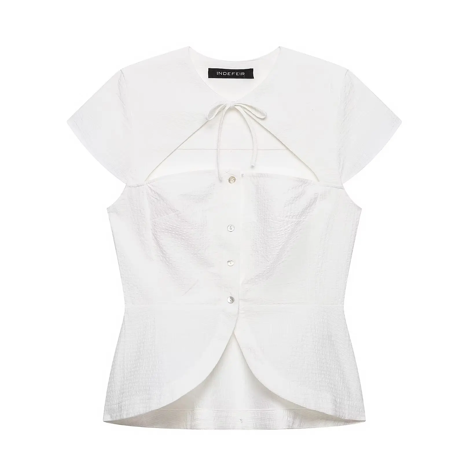HH Französischer Stil Weiße Bluse mit Ausschnitten und Bindekragen Kurzarm Vorderer Knopfverschluss Schößchen-Oberteil Sommer Picknick Resort & Strand Büro-Outfit – Detail 2