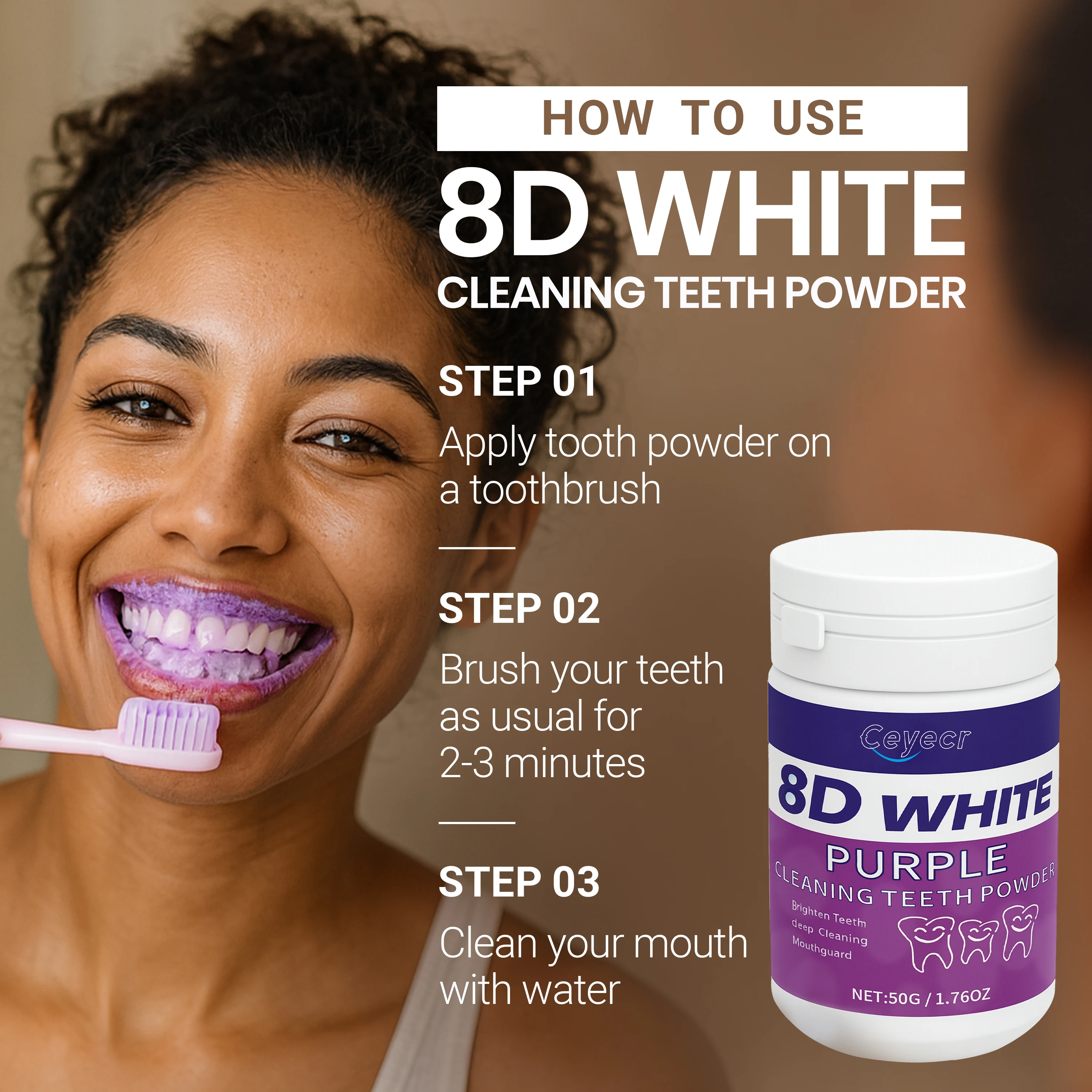 8D White Teeth Whitening Powder, 50g/1.76 Oz - Deep Cleaning & Tooth Cleaning Powder, Fresh Breath Toothpaste, Dental Care