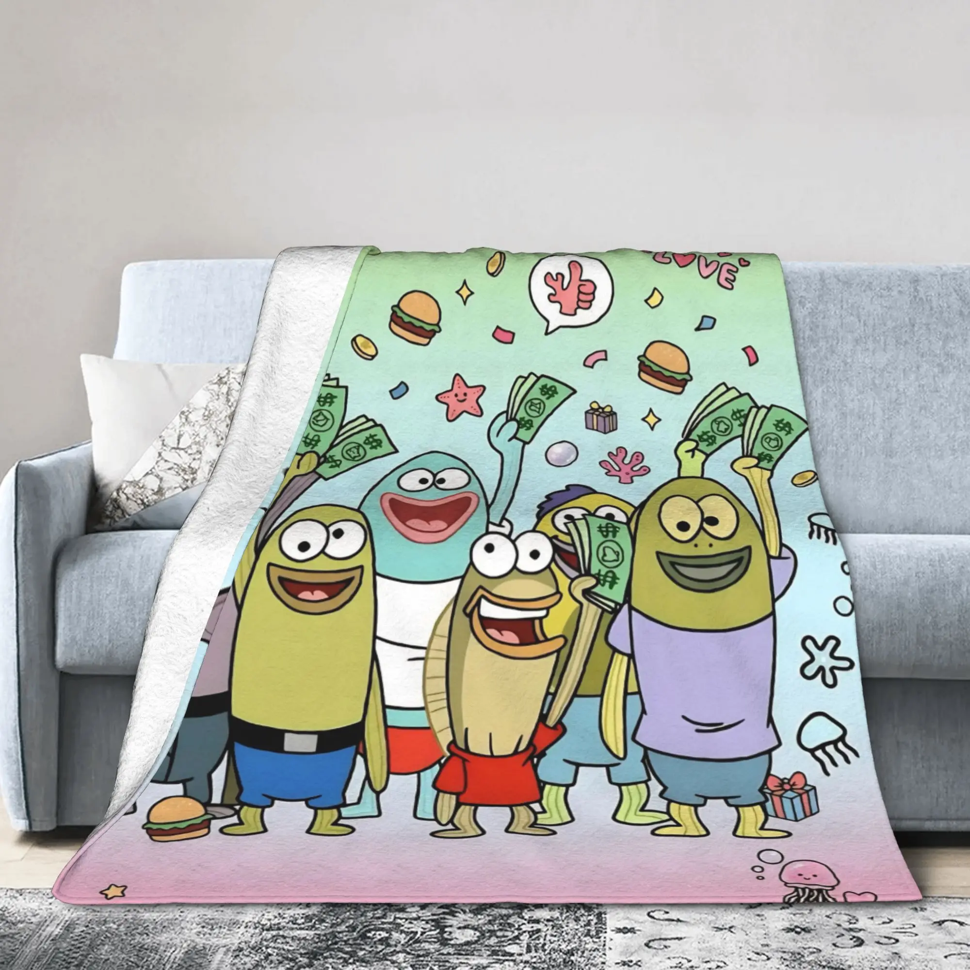 Bikinis Bottom Residents Cartoon Fish Blanket Fleece Spring Breathable Super Soft Throw Blanket for Sofa Bedroom Bedspreads
