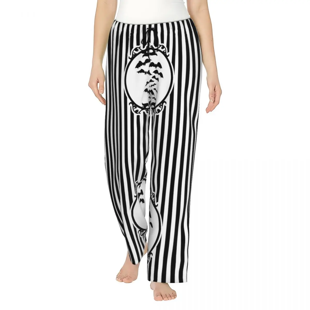 

Custom Stripes And Bats Pajama Pants Women's Goth Occult Witch Halloween Lounge Sleep Drawstring Sleepwear Bottoms with Pockets