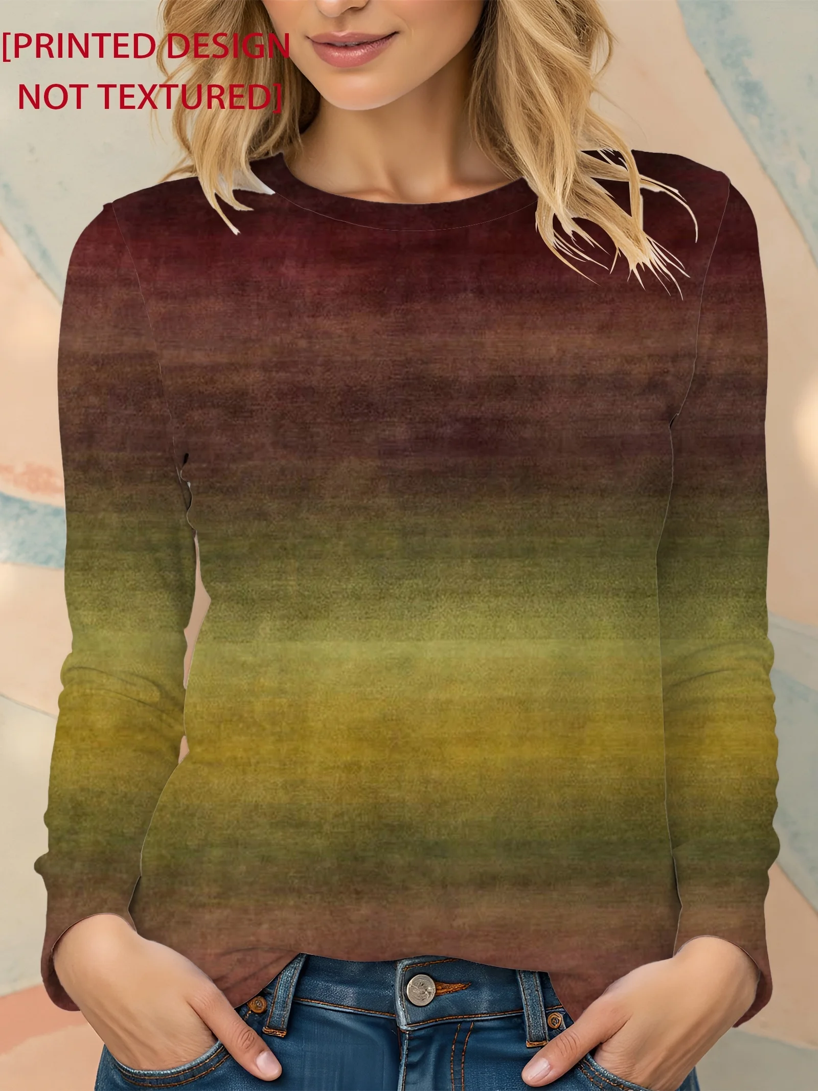 Women T‑shirt Gradient Color Block Print Crew Neck Long Sleeve Autumn Winter Casual Daily Tee Top Women's Clothes