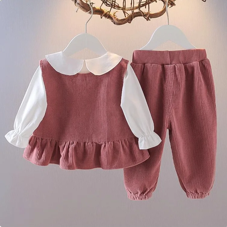 Girls 3Pcs Corduroy Outfit Bunny Embroidery Ruffle Vest Doll Collar Flare Sleeve Blouse Elastic Cuff Jogger Pants Kids Suit