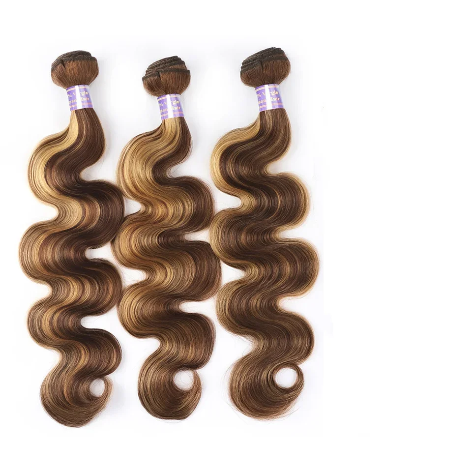 Tissage en Lot Brésilien Remy Body Wave 100% Naturel Brun P4/27, Mèches de Cheveux Humains à Reflets, 24 26 Pouces, 1 3 4