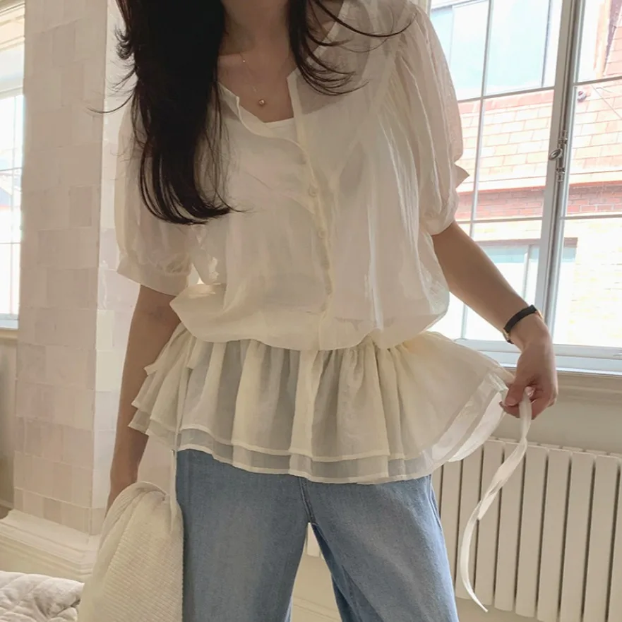 

Korean Style Chic Short Sleeve Shirt Women's Sweet Waist Cinching Lotus Breeze Cool Sensation Fashion Summer New Arrival