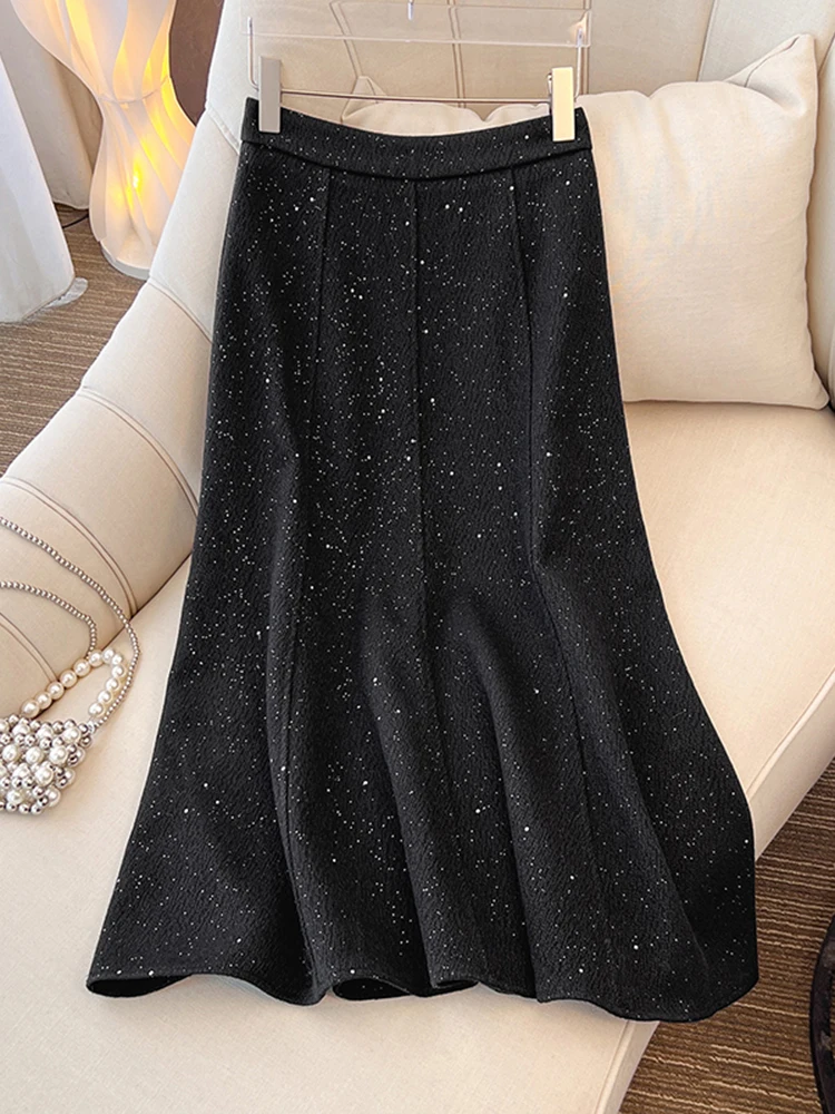 

French Fashion Women Black Woolen Half Skirt Spring New High Street Casual Female Shining and Bright Fish Tail Wrapped Hip Skirt