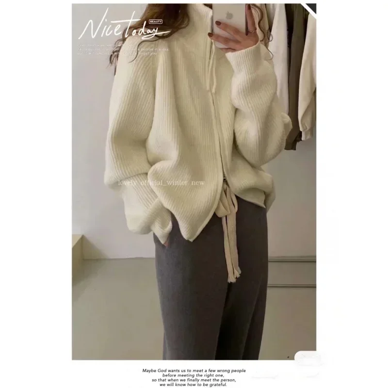 

Autumn Sweater Women Retro Korean Flavor Y2k Elegant Tops Korean Zip-up Knit Cardigan Loose Thickened Outerwear Streetwear