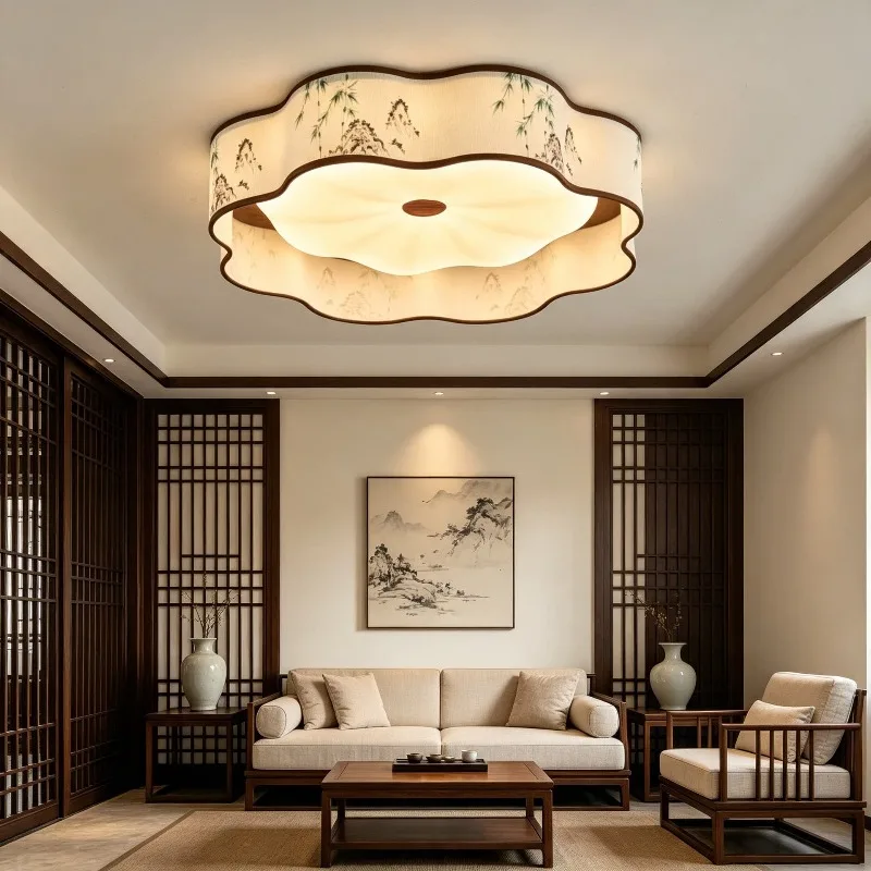 Medieval Retro Fabric Pendant Lights Designer Artistic Bamboo Leaf Pattern Ceiling Lamp Living Room Bedroom Restaurant Zen Decor