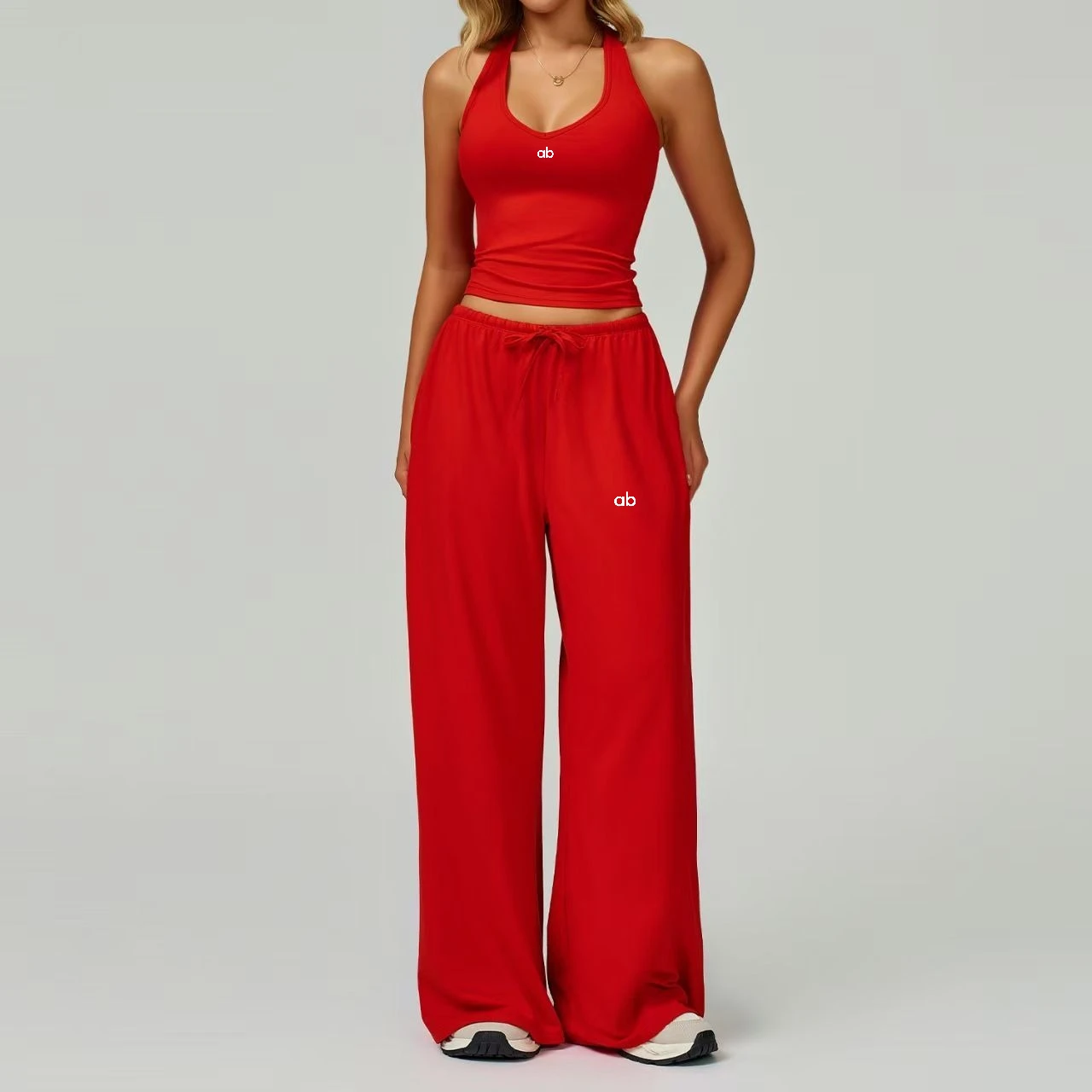 2026 Women Brushed Quick‑Dry Yoga Set Back‑Beauty Slim Wide Leg Pants Side Pockets Drawstring Sports Suit
