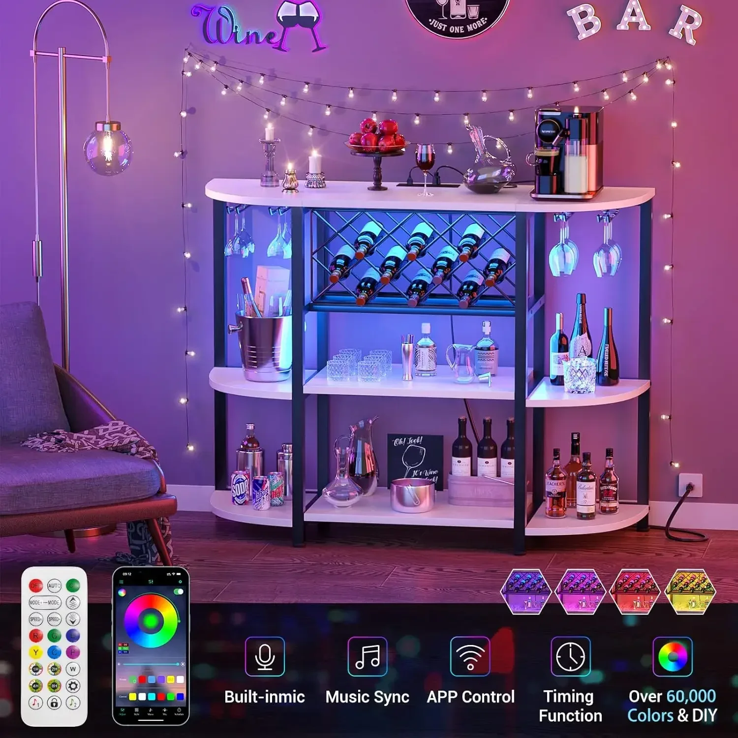 Gabinete de mesa de bar con estación de carga, mesa de estante de vino con luz LED y almacenamiento, gabinete de barra independiente para licor