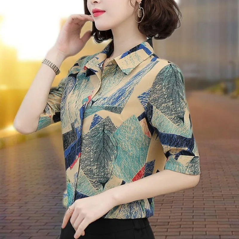 Summer Women's Turn-down Collar Button Geometric Printed Contrast Color Cardigan Half Sleeve Shirt Elegant Fashion Formal Tops