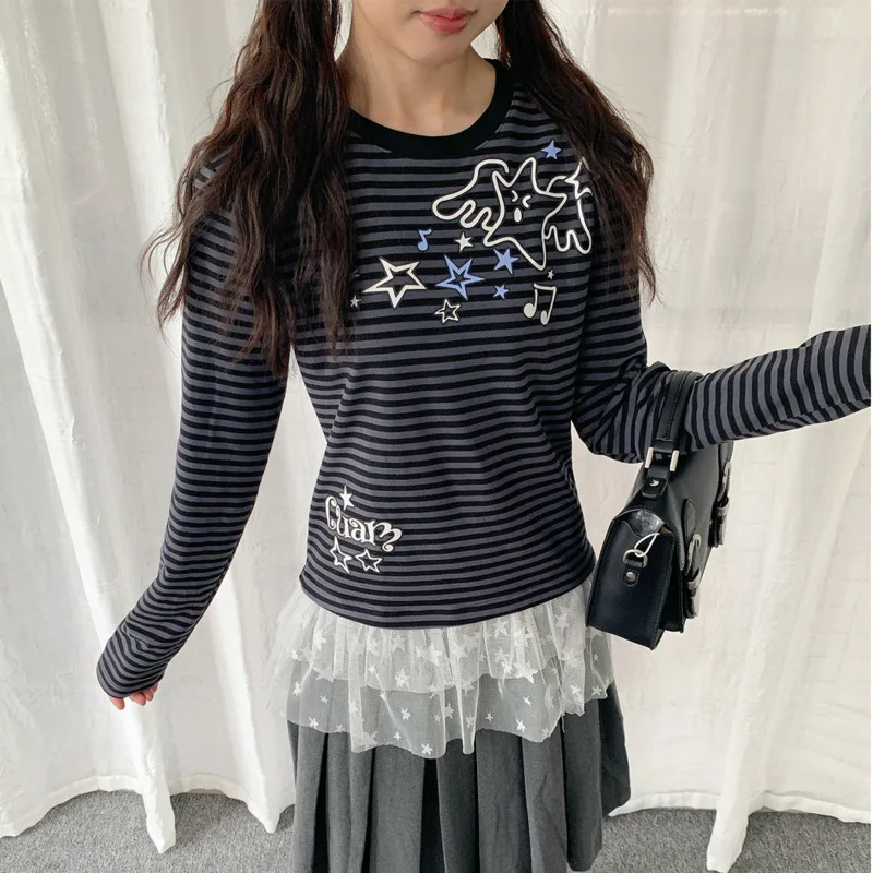 Y Demo Y2k Cute Lace Patchwork Striped Star Printing Long-sleeve T-shirt Women Mesh Spliced Long Tee