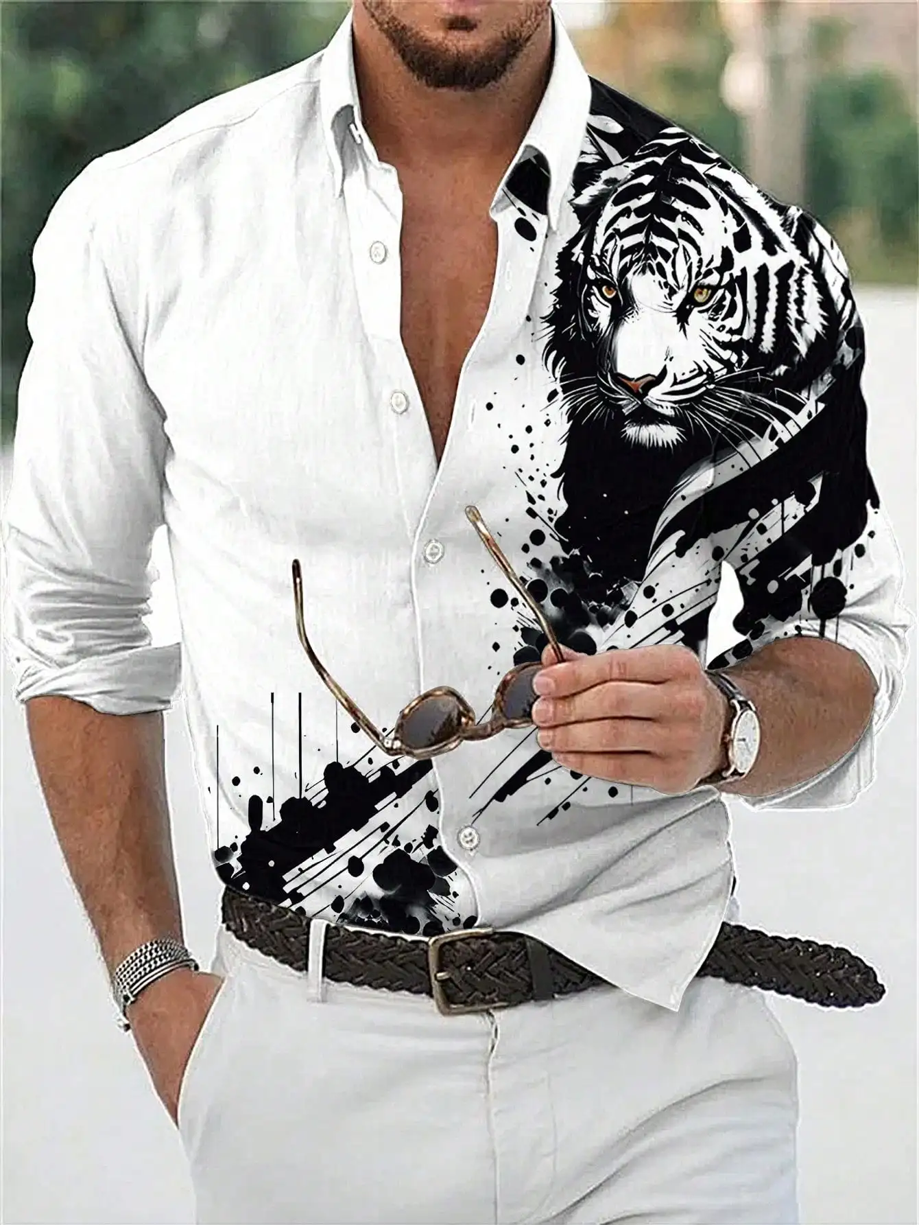 

Men's White Long Sleeve Casual Shirt with Bold Tiger Graphic and Ink Splatter Design