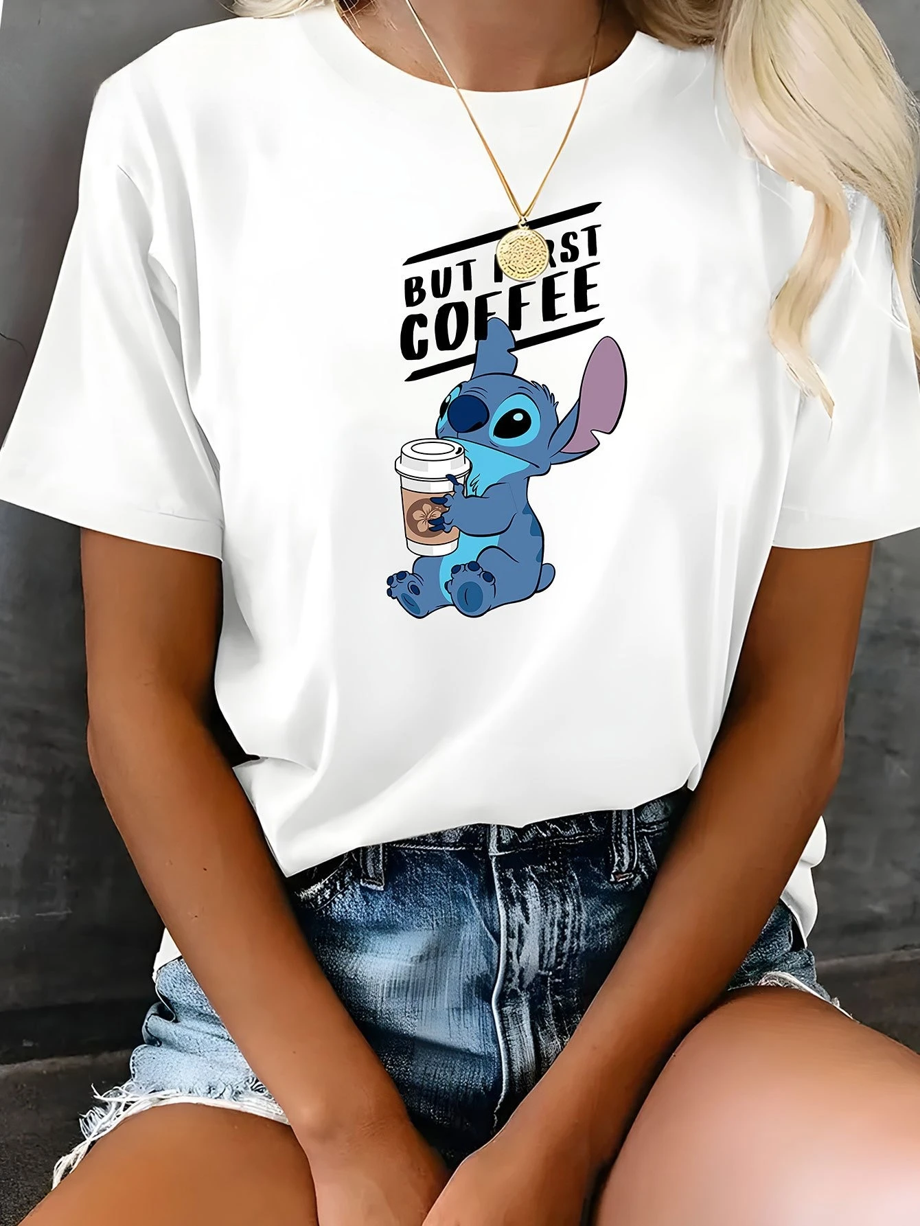 

Stitch Cartoon Graphic Printing Summer Autumn Winter Cotton Men's and Women's T-shirts Short Sleeves Luxury Outdoor Sports Brand
