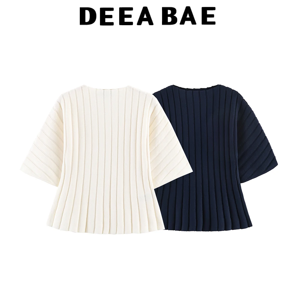 

DEEABAE Новинка лета 2026: женский топ в европейском и американском стиле с круглым вырезом, короткими рукавами-фонариками и ребристой вязкой