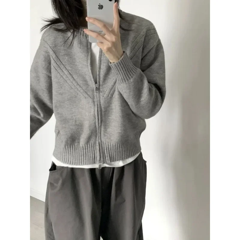 Cardigã de zíper cinza feminino, estilo coreano, suéter curto de malha, jumper casual, estética Harajuku, moda vintage, outono, novo