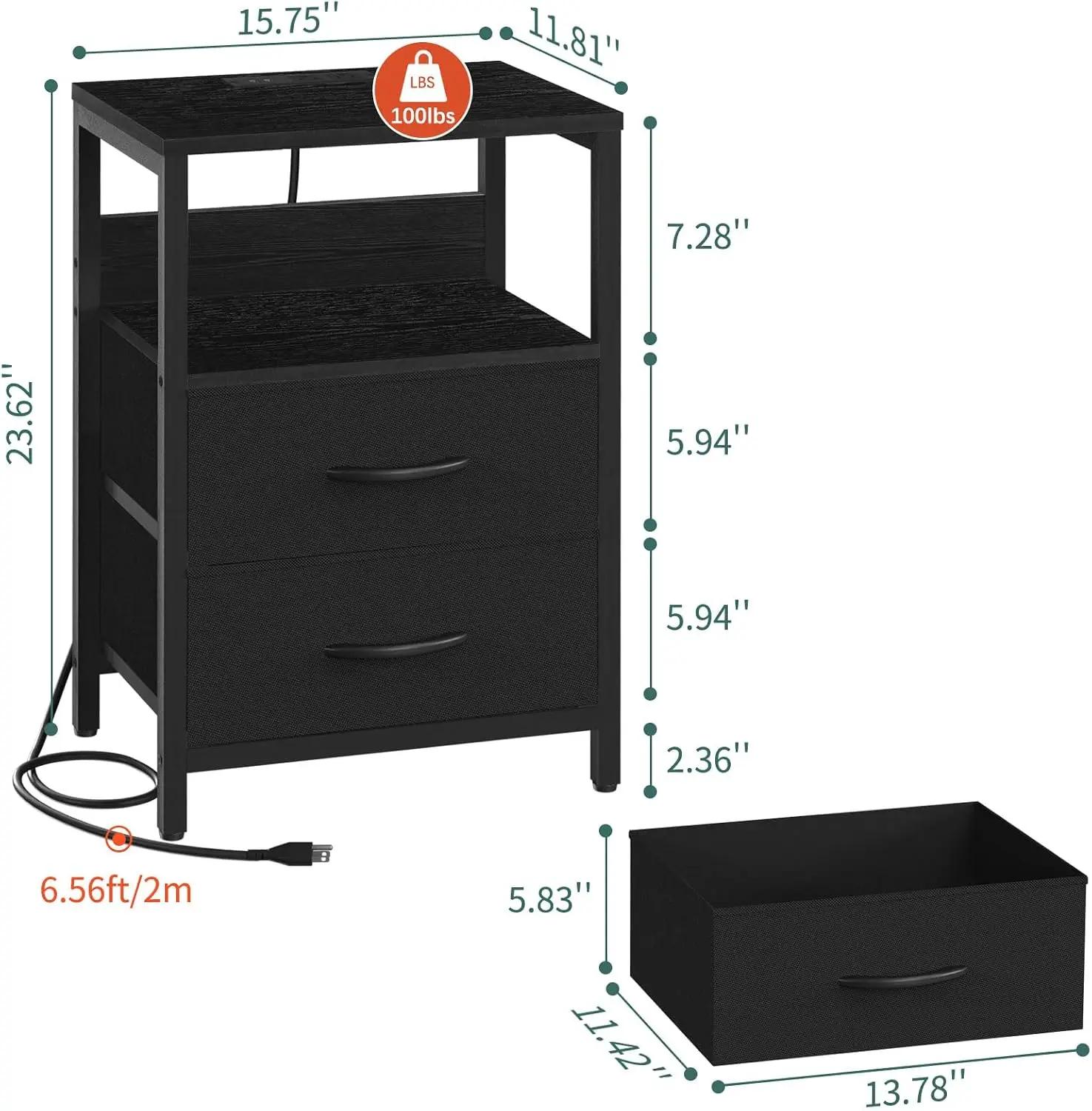 LED Nightstand with Charging Station, USB Ports & Outlets, Fabric Drawers & Shelf for Bedroom, Small Bedside Table, Easy Assembly view 3