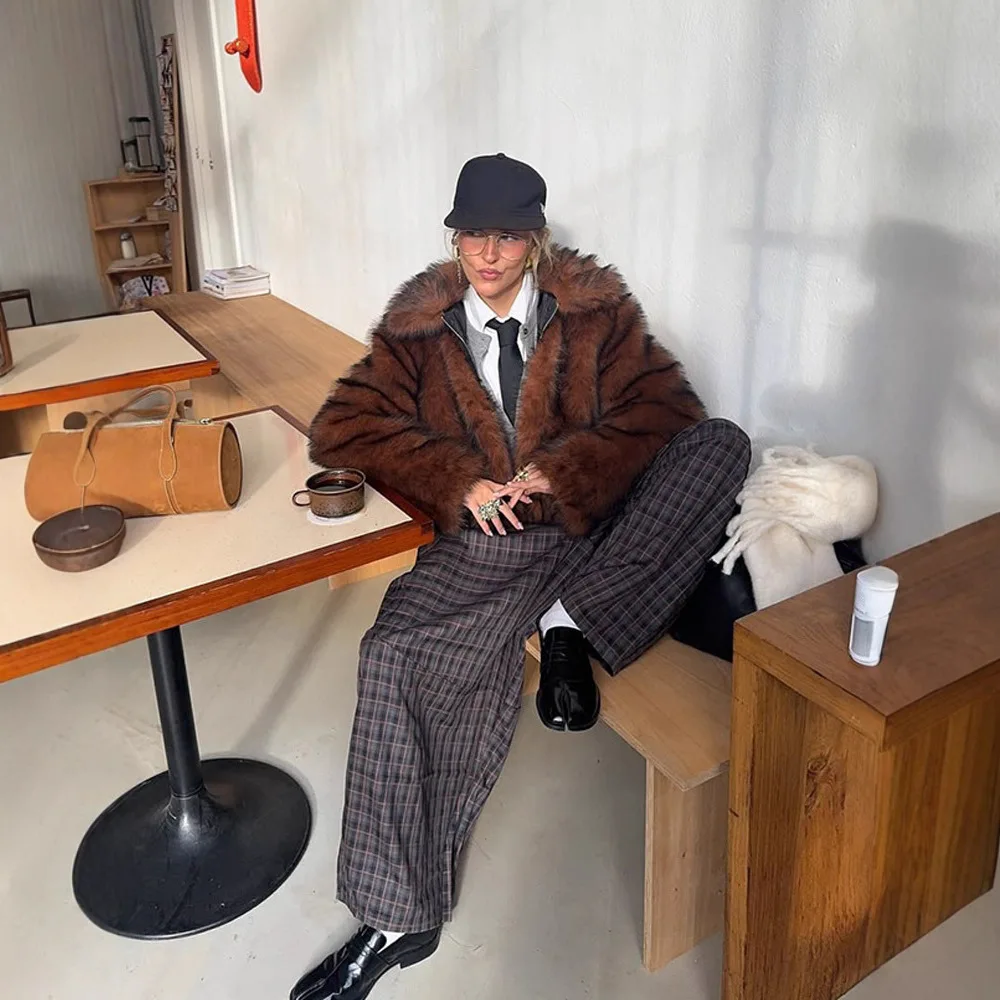 Chic Braun Winter frauen Künstliche Eco Pelzmantel Revers Kragen Zipper Faux Pelzmantel Für Dame Flauschigen Verdickte Weibliche Pelz jacke